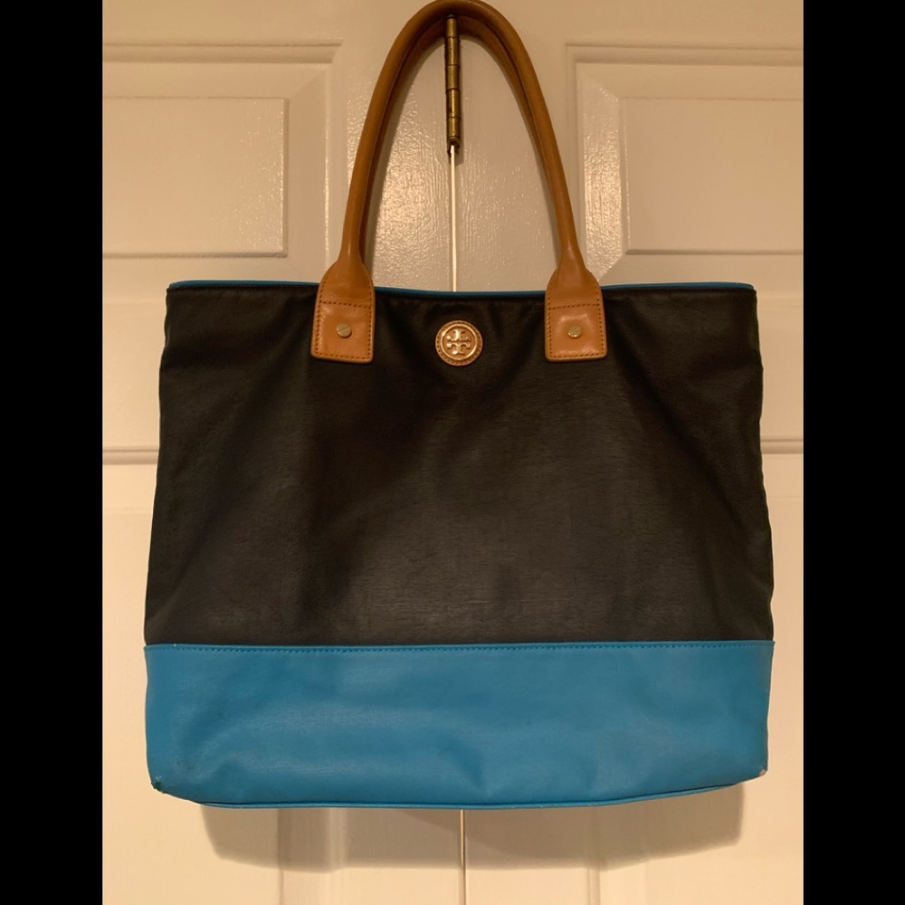 Tory Burch Black and Blue Tote with Tan Handles